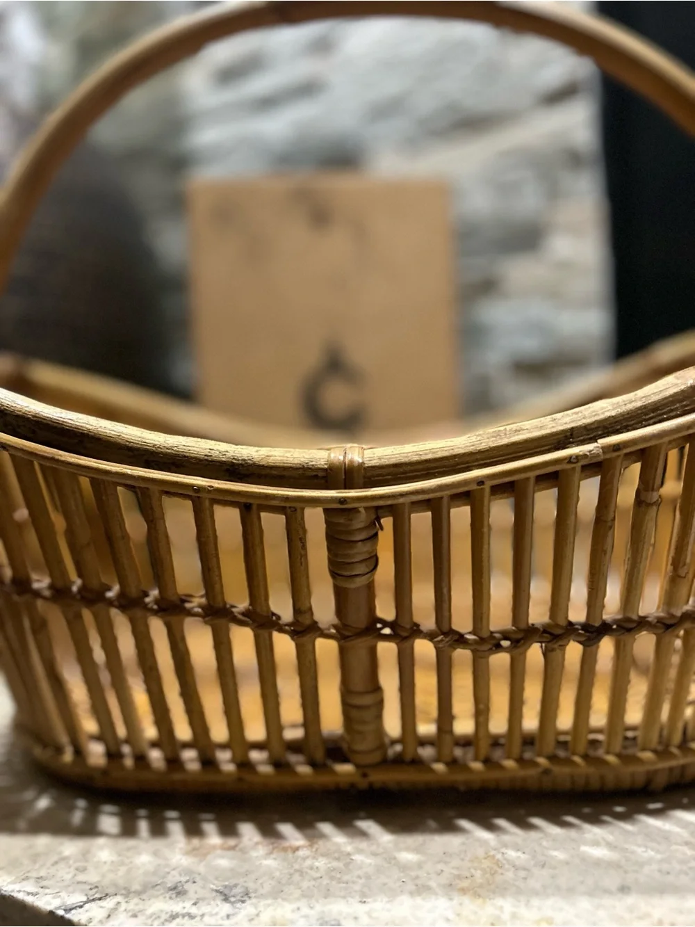 Vintage Bent Bamboo and  Natural Rattan Handled Basket